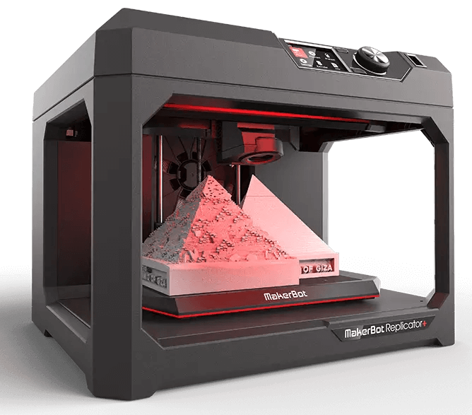 MakerBot Replicator printing a pink pyramid inside its enclosed build chamber