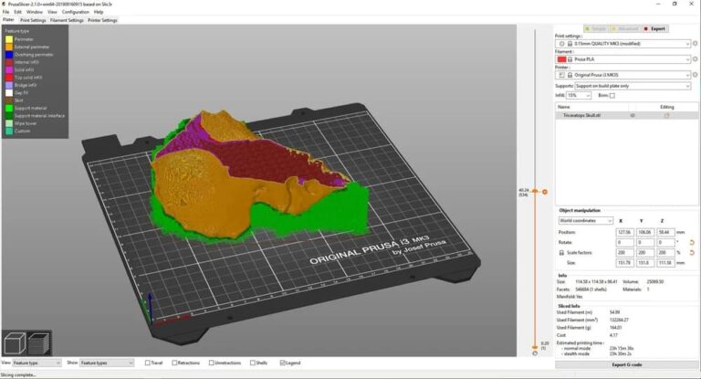 The PrusaSlicer interface with a model on the virtual build plate