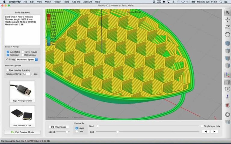 The Simplify3D slicer interface with print settings open