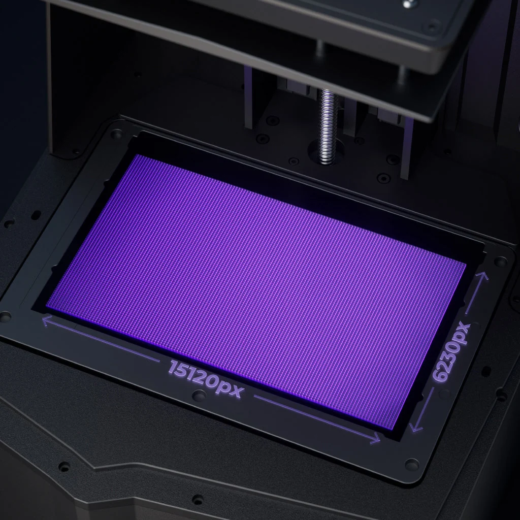 Close-up of a 16K mono LCD screen used for high-resolution resin printing