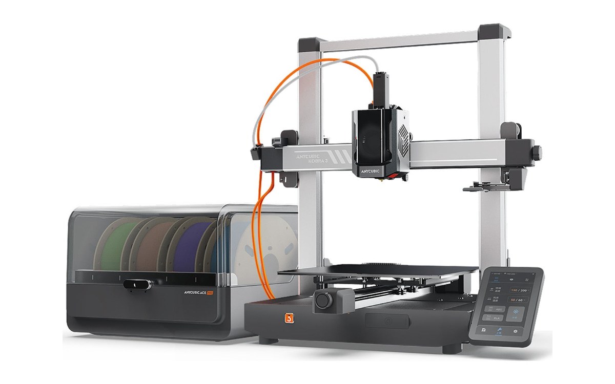 Anycubic Kobra 3 Combo 3D printer beside its ACE Pro multicolor filament unit