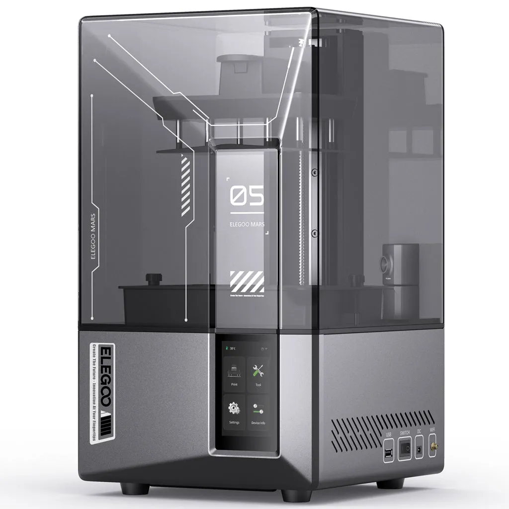 Elegoo Mars 5 Ultra resin 3D printer showing its 7 inch build area and touchscreen