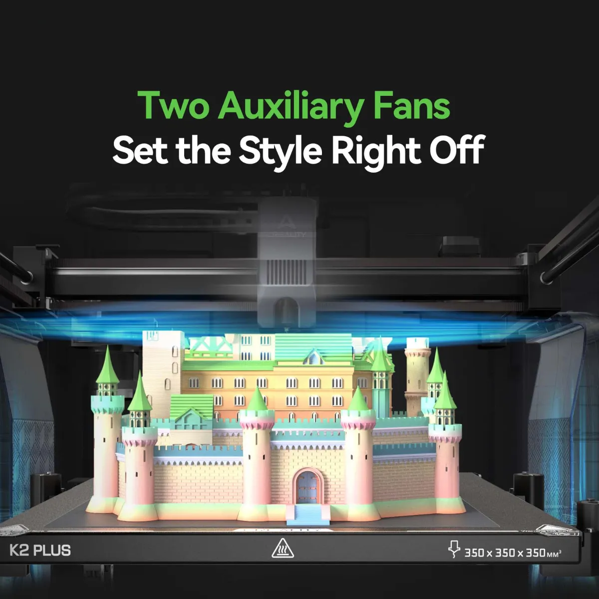 Multicolour castle model printed on the Creality K2 Plus build plate inside the enclosed chamber
