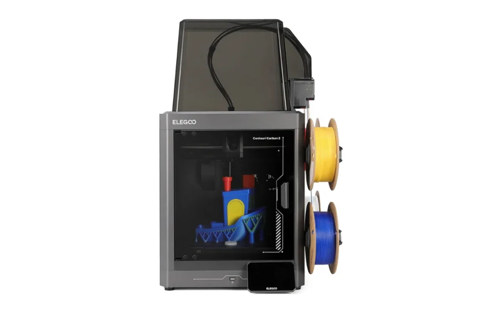 Elegoo Centauri Carbon 2 Combo printing a multicolor model, with the CANVAS unit on top and filament spools on the side
