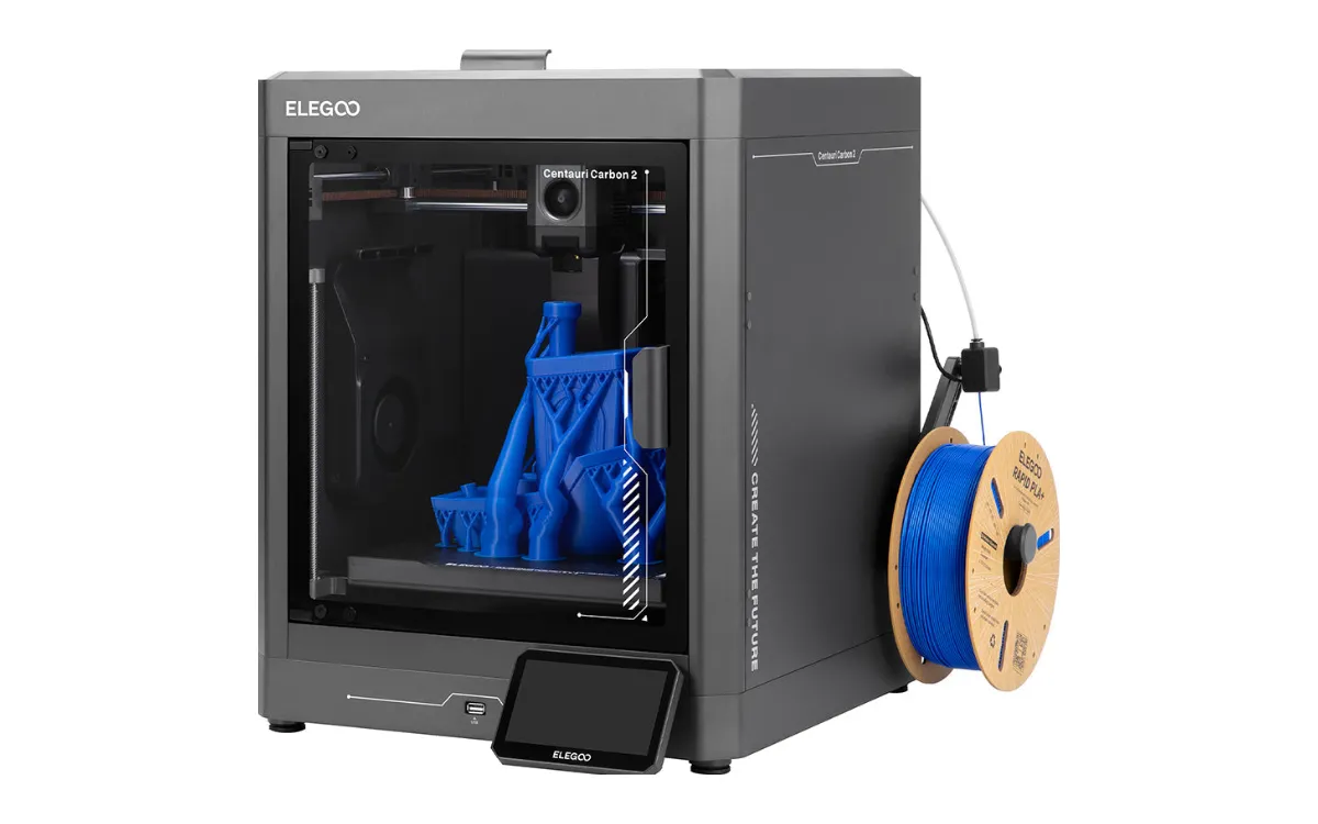 Elegoo Centauri Carbon 2 printing a blue part inside its enclosed chamber
