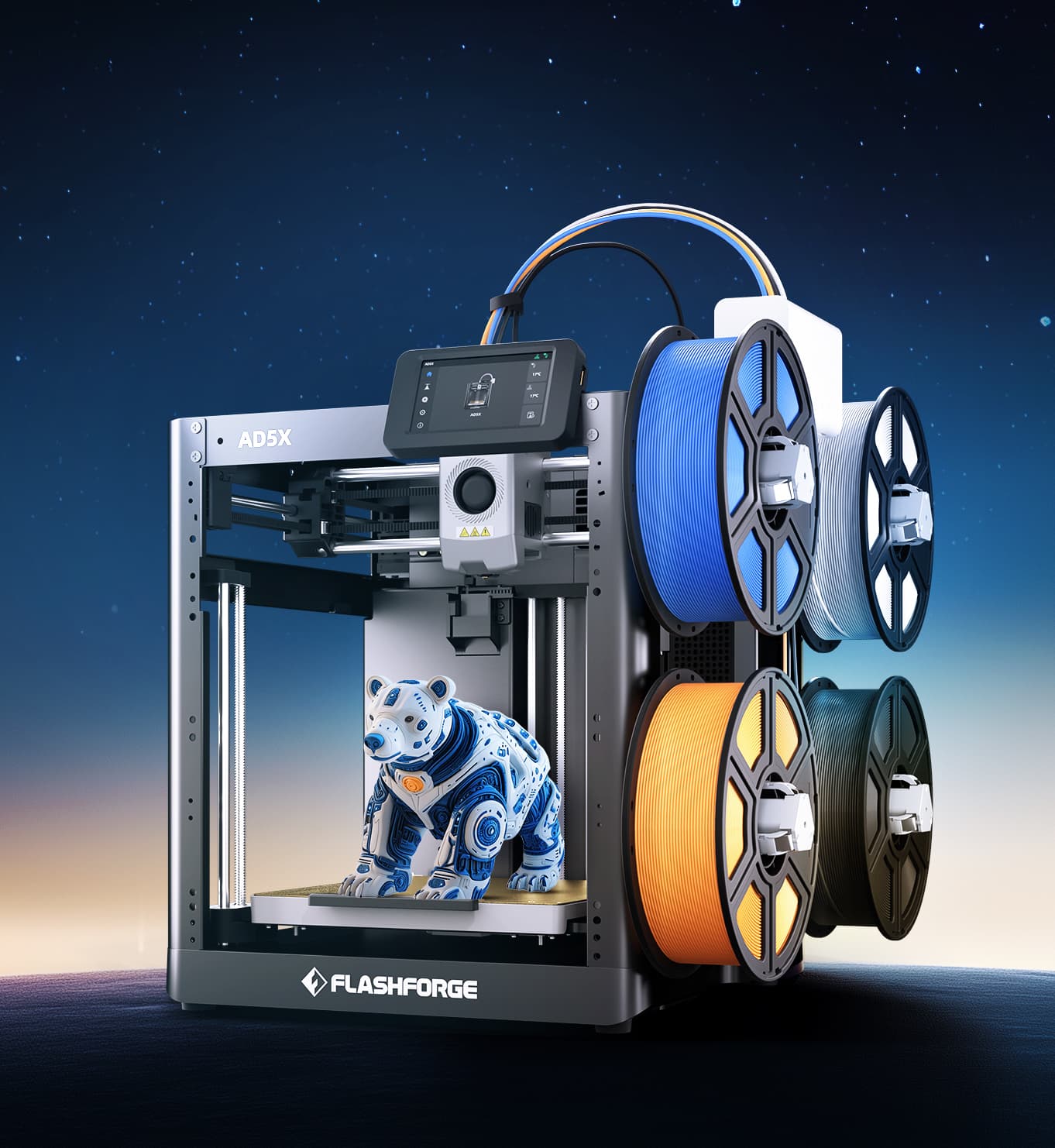 Flashforge AD5X multicolor 3D printer with four filament spools