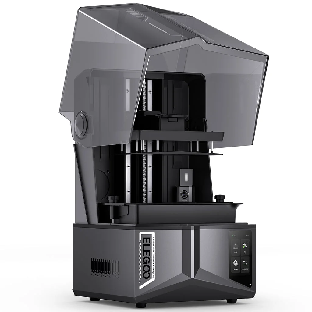Elegoo Saturn 4 Ultra 16K with the lid open, showing the build plate and resin vat