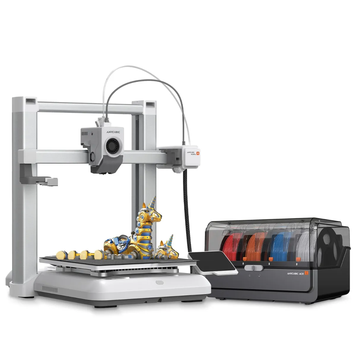 Anycubic Kobra 4 Combo 3D printer with the ACE 2 Pro four-spool filament unit beside it