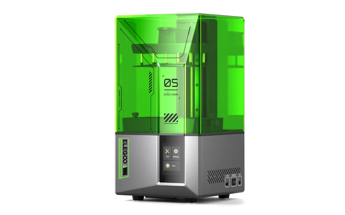 Elegoo Mars 5 resin 3D printer with green lid, front view