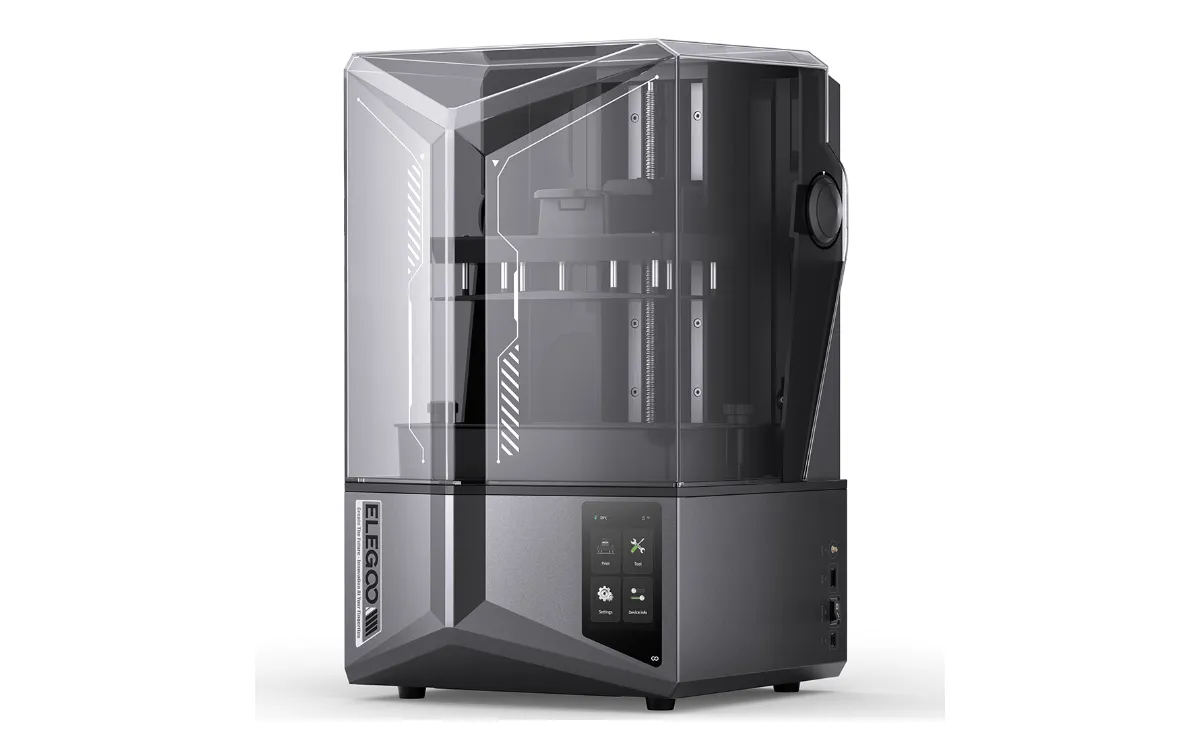 Elegoo Saturn 4 Ultra 12K resin 3D printer with tinted lid, three-quarter view