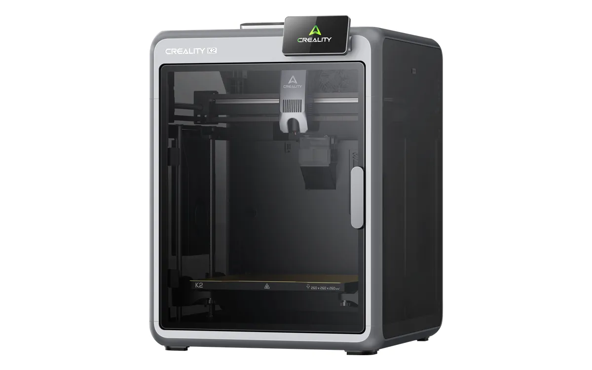 Creality K2 enclosed 3D printer, front three-quarter view with the clear door closed and the touchscreen on top
