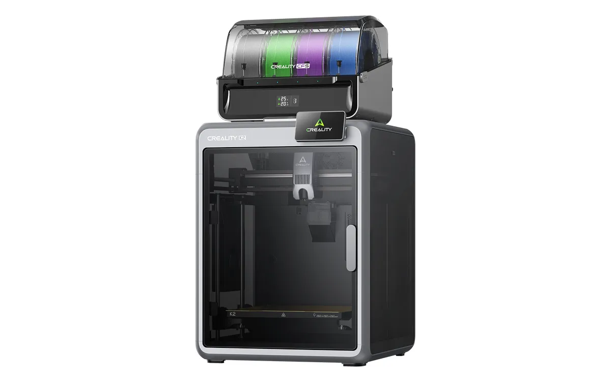 Creality K2 Combo 3D printer with the CFS multi-color unit on top, holding four spools of filament