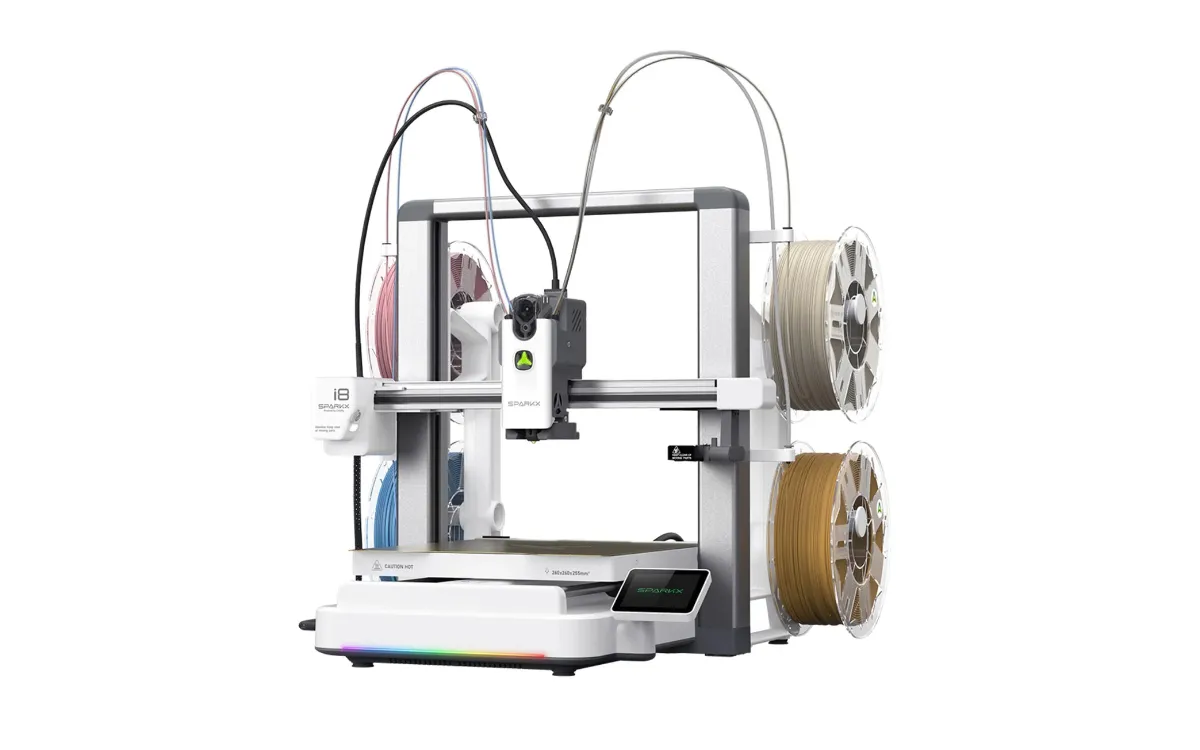 Creality SparkX i8 3D printer with four filament spools mounted on the frame sides, two on each side, feeding the QuarTeks toolhead