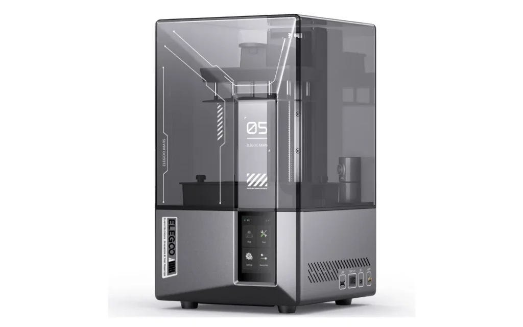 Elegoo Mars 5 Ultra resin 3D printer, front three-quarter view with the gray tinted lid closed and the touchscreen on the right