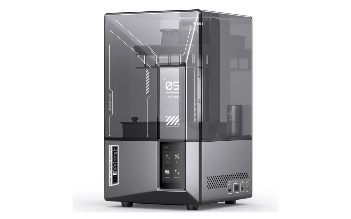 Elegoo Mars 5 Ultra resin 3D printer, front three-quarter view with the gray tinted lid closed and the touchscreen on the right